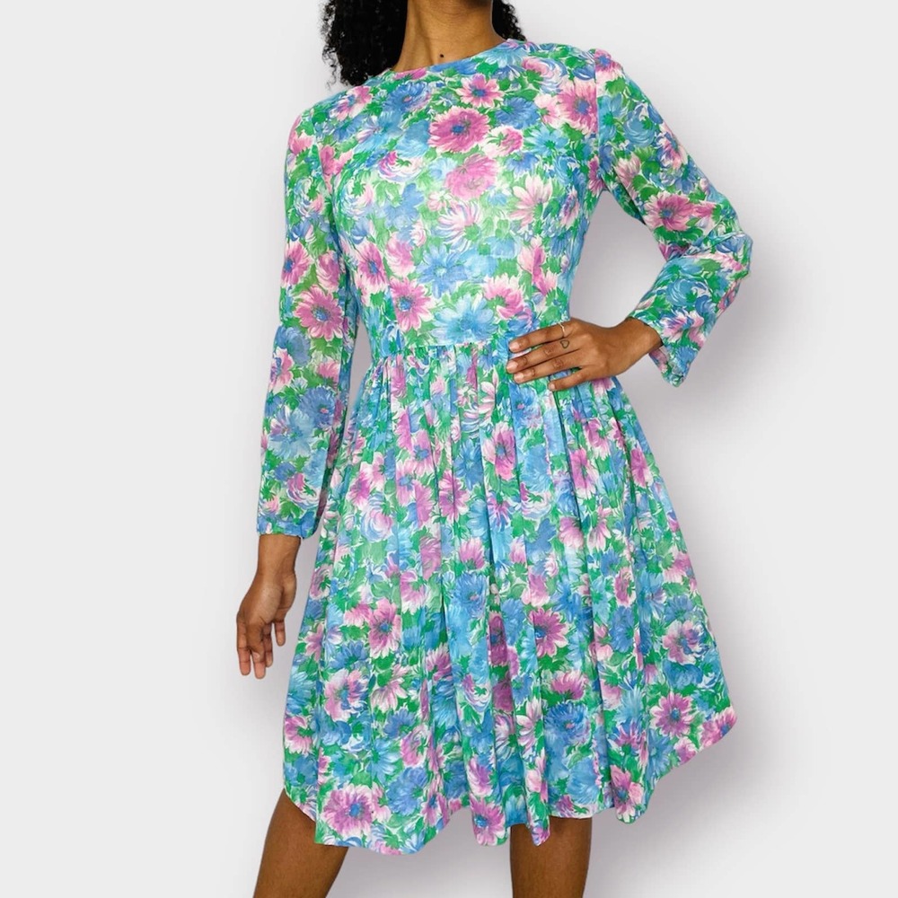 60s Pink and Blue Floral Dress - Picture 2 of 7